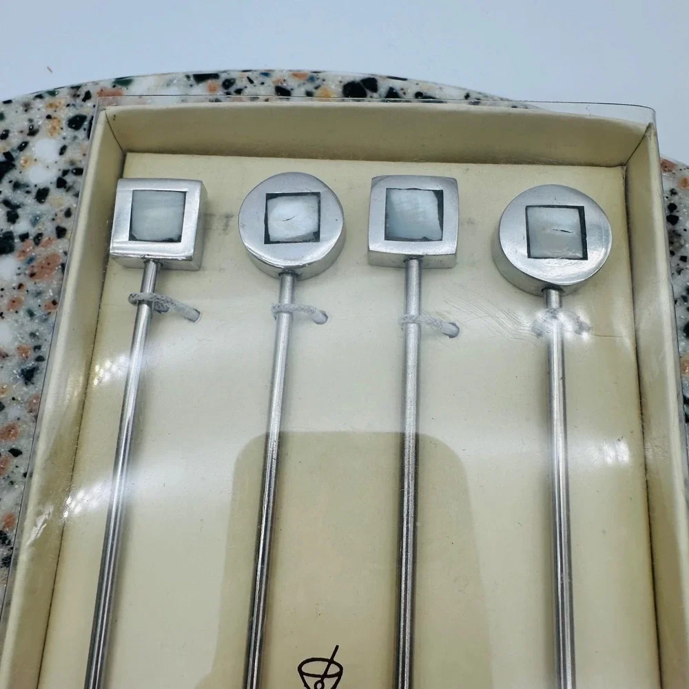 Pottery Barn Mother of Pearl Drink Stirrers‎ Set of 4 Silver Cocktail Agitators